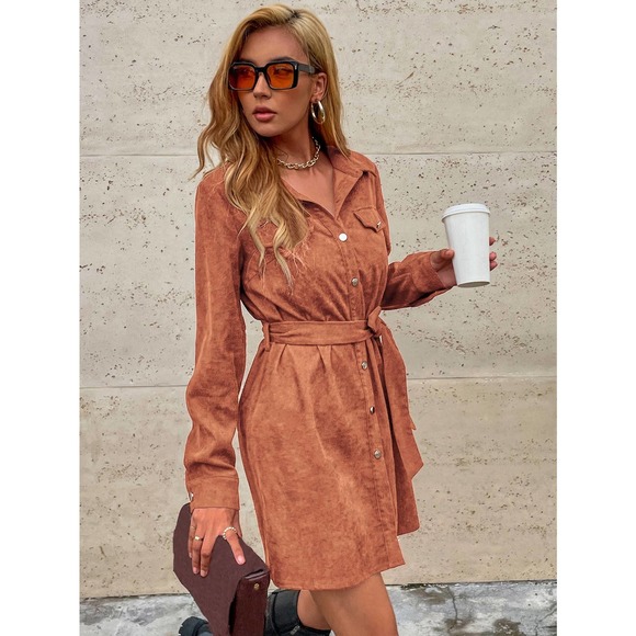 Corduroy Belted Shirt Dress rust orange - Picture 8 of 12